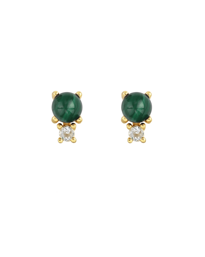 Kris Nations Jewelry Gold Two Stone Stud Earrings with Malachite and White Topaz