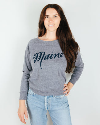 Milo in Maine Clothing Script Maine Raglan Pullover in Athletic Grey