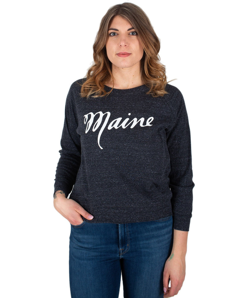 Milo in Maine Script Maine Raglan Pullover in Dark Gray