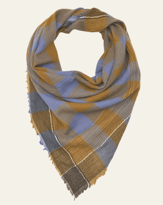 A Mois Mont No 621 Large Plaid Wool Sqr Scarf in Parisian Blue and mustard yellow checkered design with fringed edges, displayed against a white background.