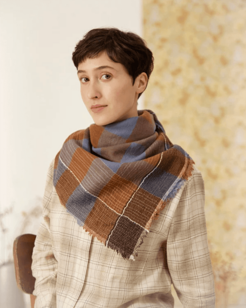 Mois Mont Accessories Parisian Blue No 621 Large Plaid Wool Sqr Scarf in Parisian Blue