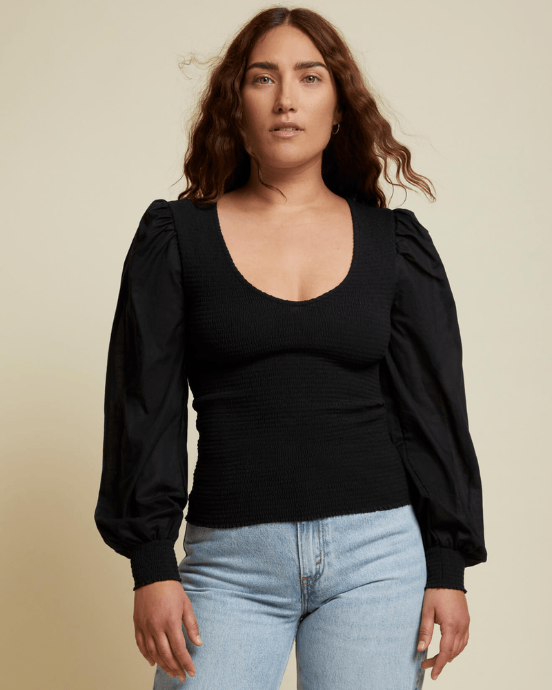 Nation LTD Clothing Della Smocked Combo Tee in Jet Black