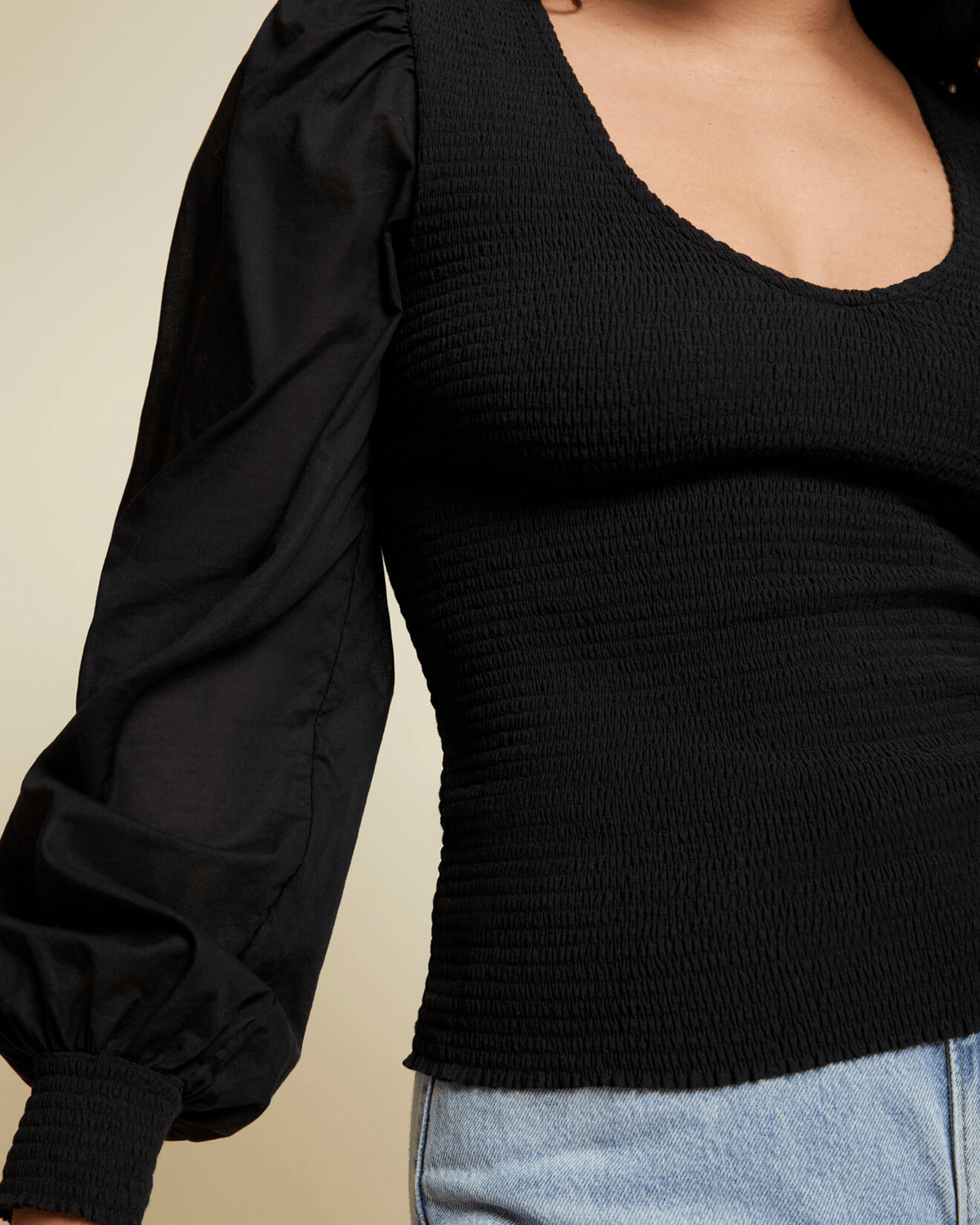 Nation LTD Clothing Della Smocked Combo Tee in Jet Black