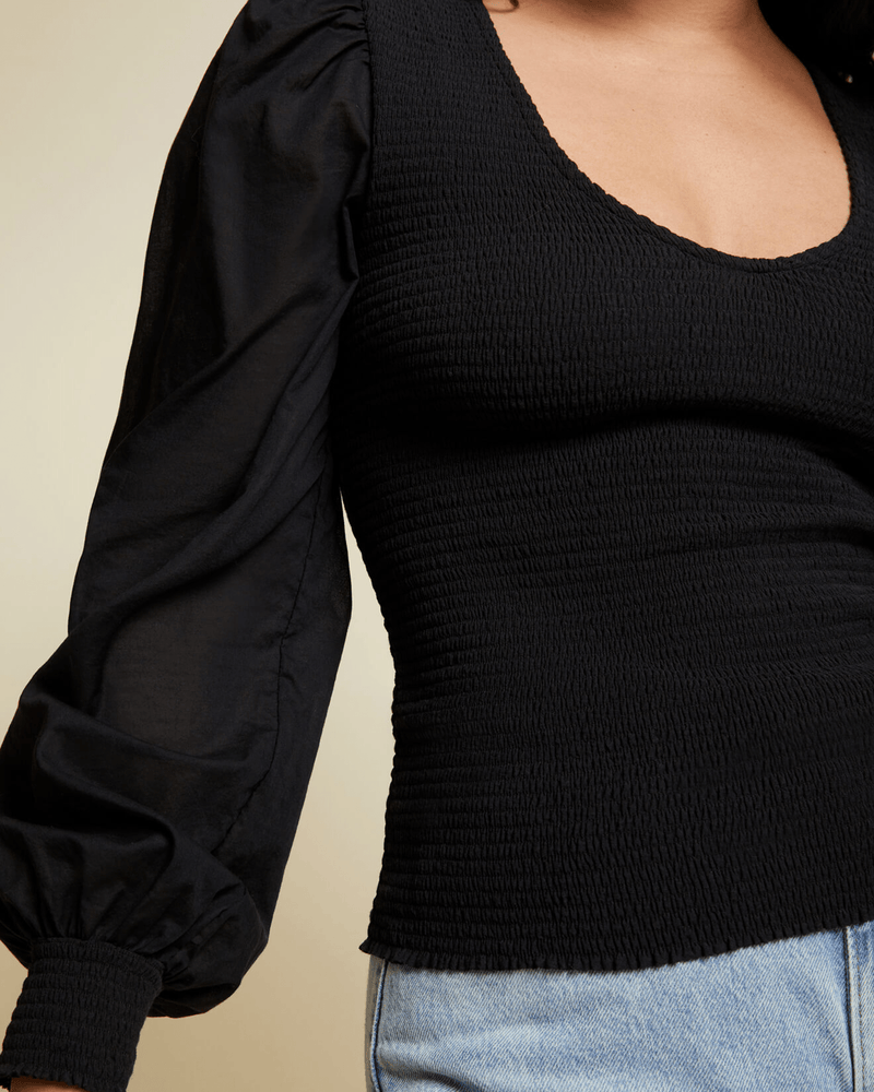 Nation LTD Clothing Della Smocked Combo Tee in Jet Black