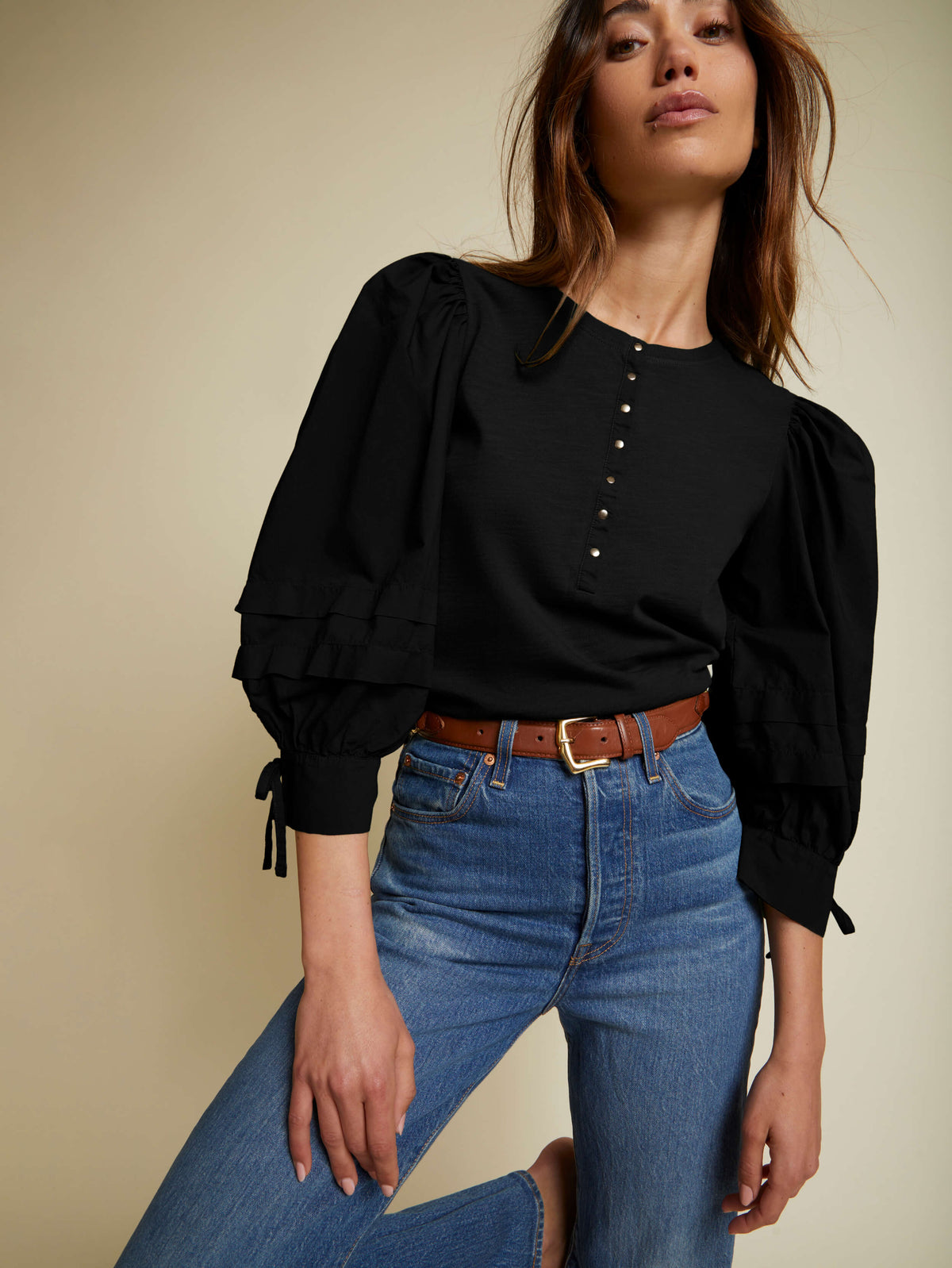 Nation LTD Clothing Dixie Poplin Sleeve Henley in Jet Black