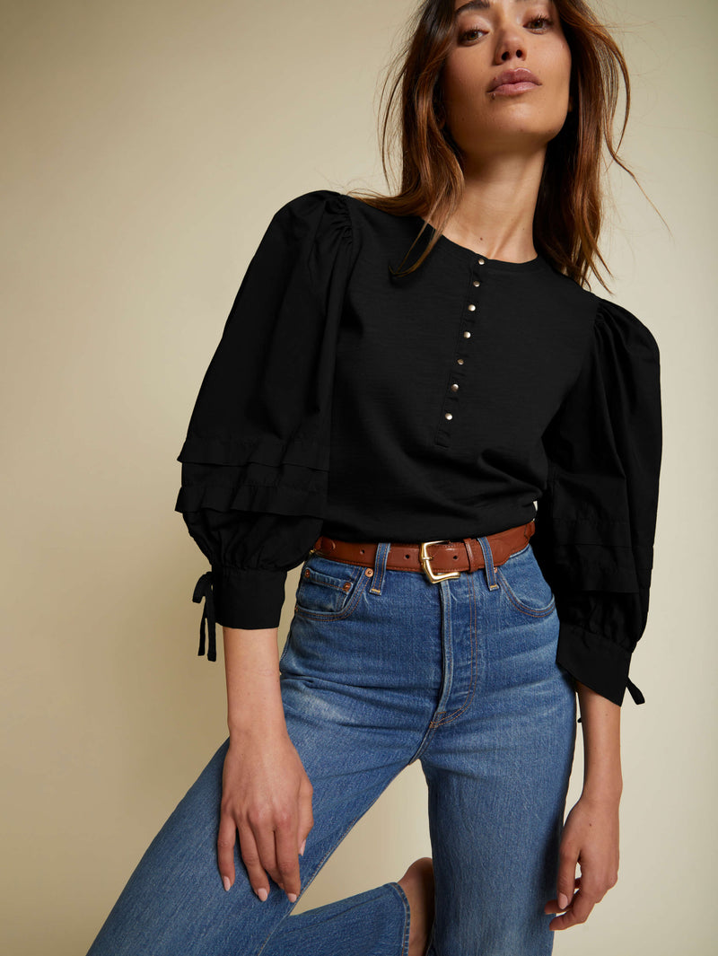 Nation LTD Clothing Dixie Poplin Sleeve Henley in Jet Black