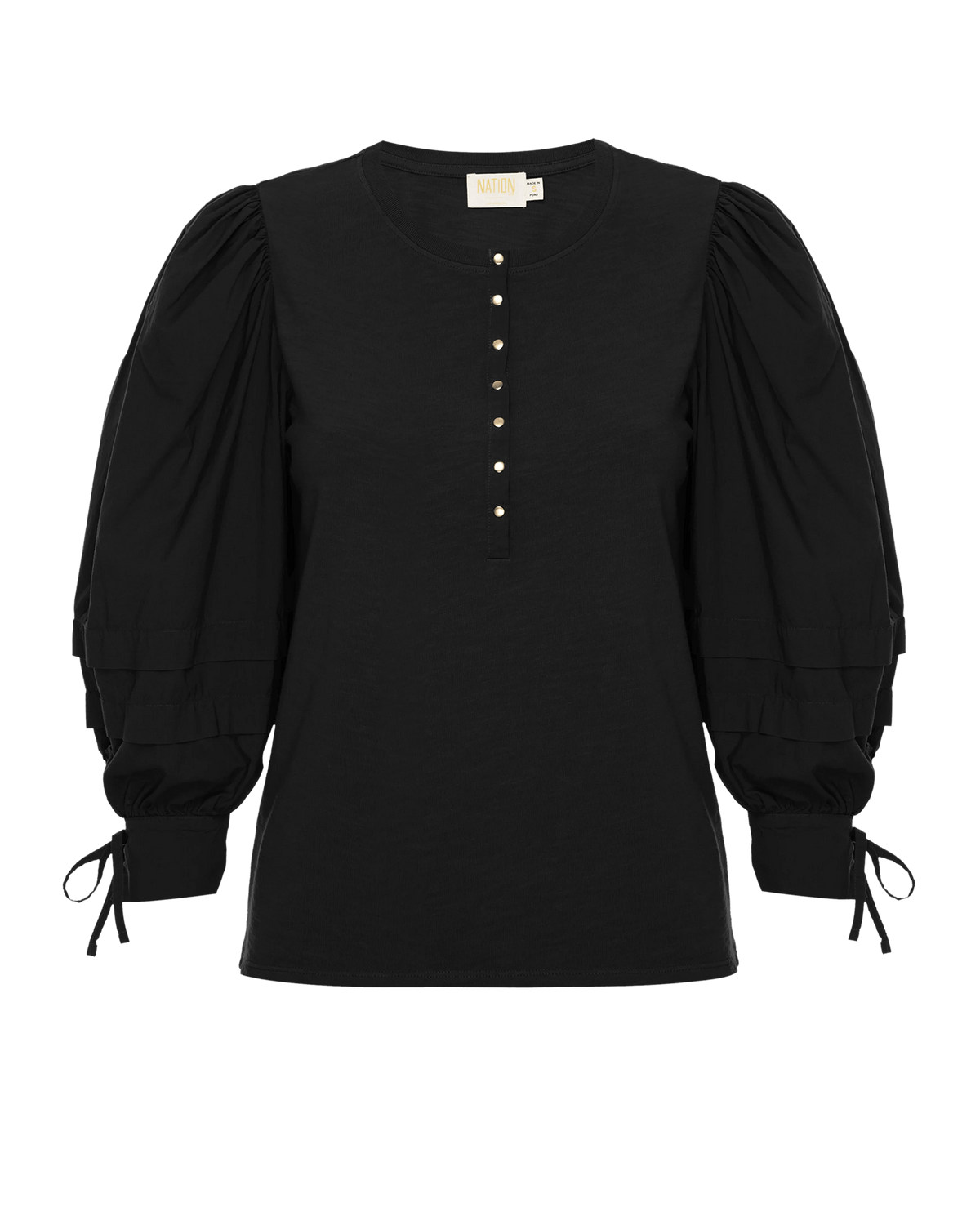 Nation LTD Clothing Dixie Poplin Sleeve Henley in Jet Black