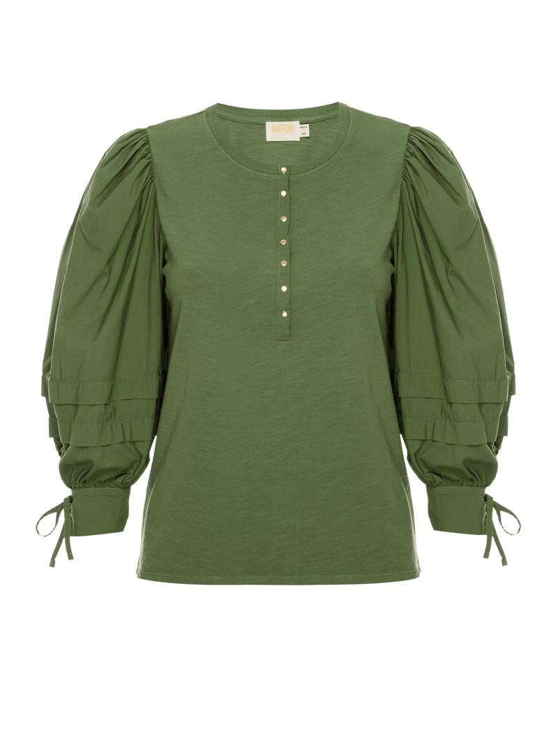 Nation LTD Clothing Dixie Poplin Sleeve Henley in Sea Green
