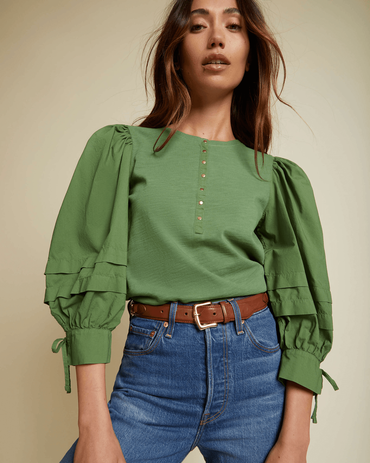 Nation LTD Clothing Dixie Poplin Sleeve Henley in Sea Green