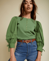 Nation LTD Clothing Dixie Poplin Sleeve Henley in Sea Green