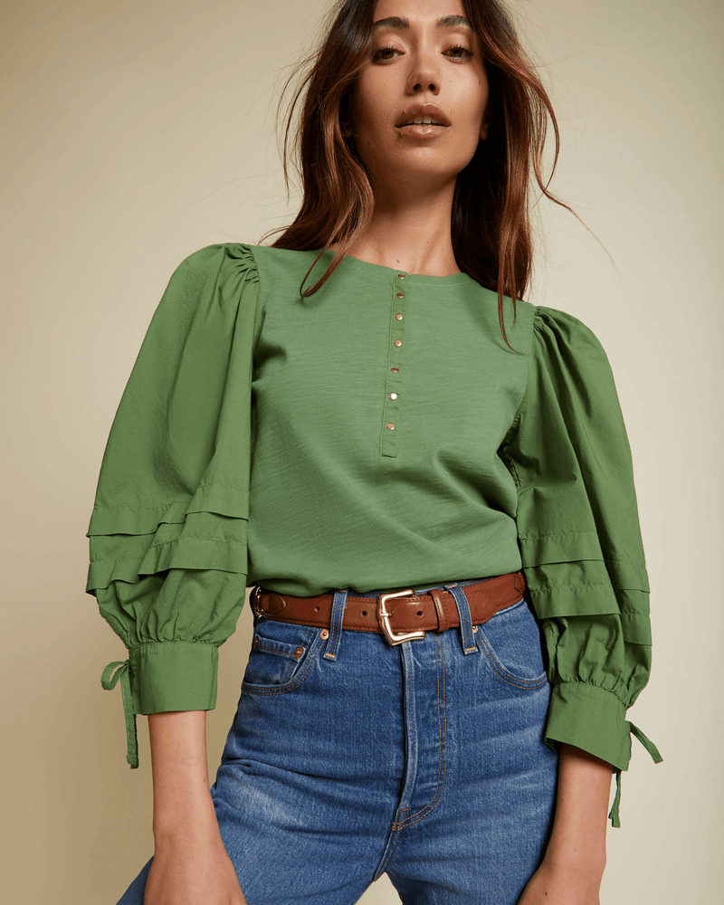 Nation LTD Clothing Dixie Poplin Sleeve Henley in Sea Green
