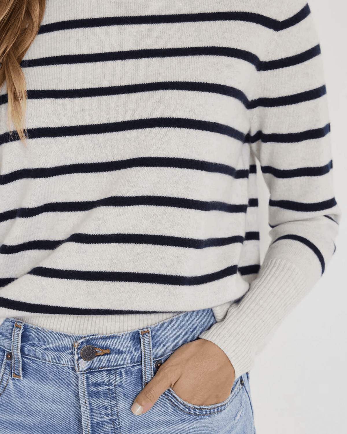 Not Monday Clothing Asher Cashmere Crewneck in Light Grey & Navy Stripes