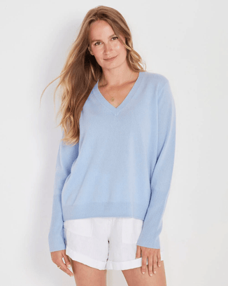 Not Monday Clothing Ava Cashmere V Neck in Harbor Blue