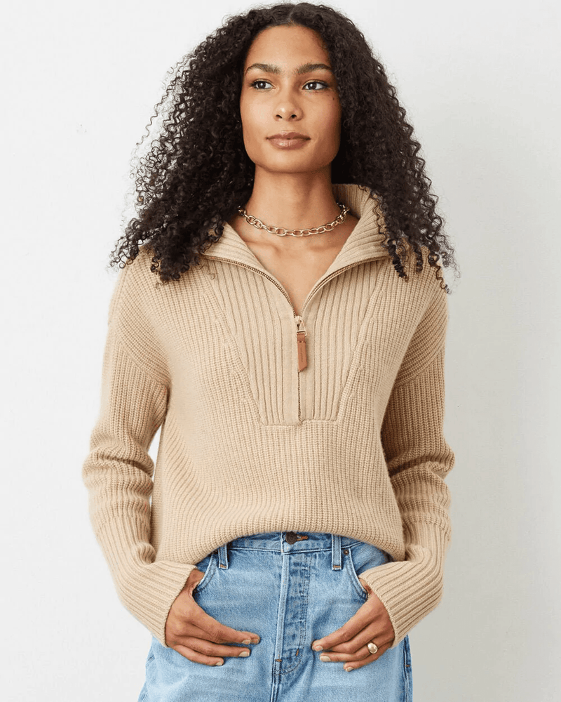 Not Monday Clothing Maya Cashmere Zip Henley in Camel