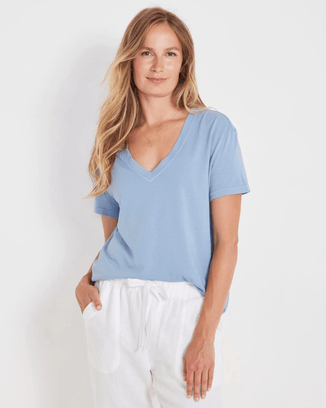 Not Monday Clothing Monroe V-Neck Tee in Harbor Blue