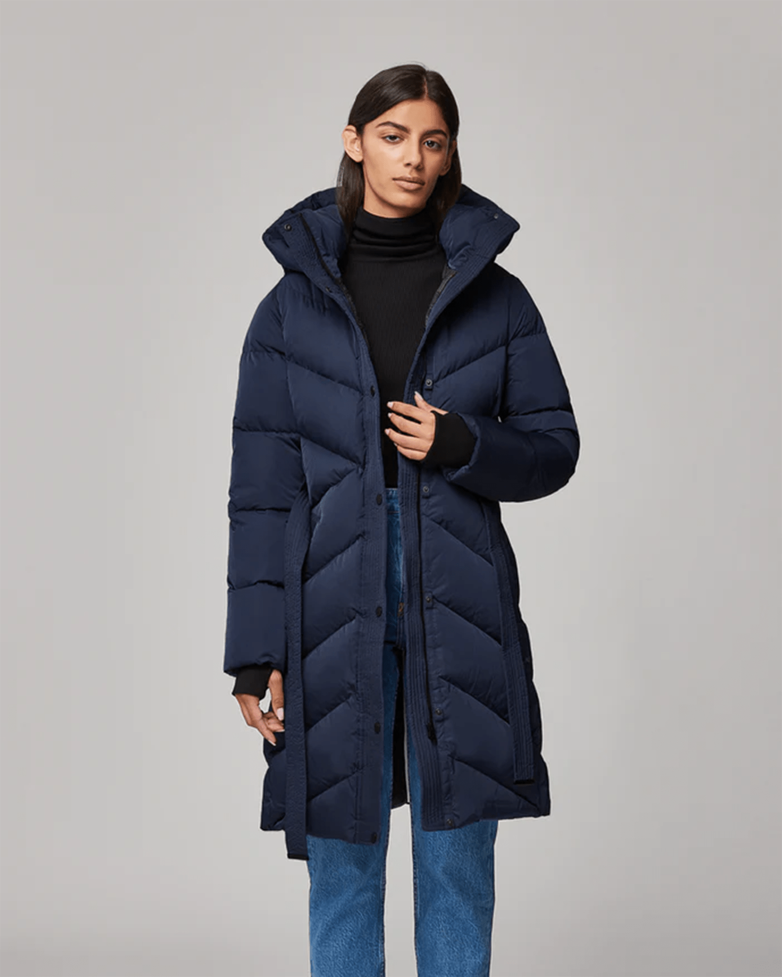 Knee length puffer jacket sales