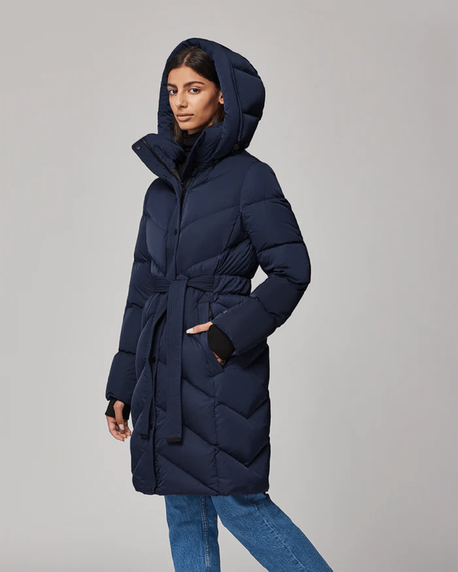 Knee length puffer coat with hood best sale
