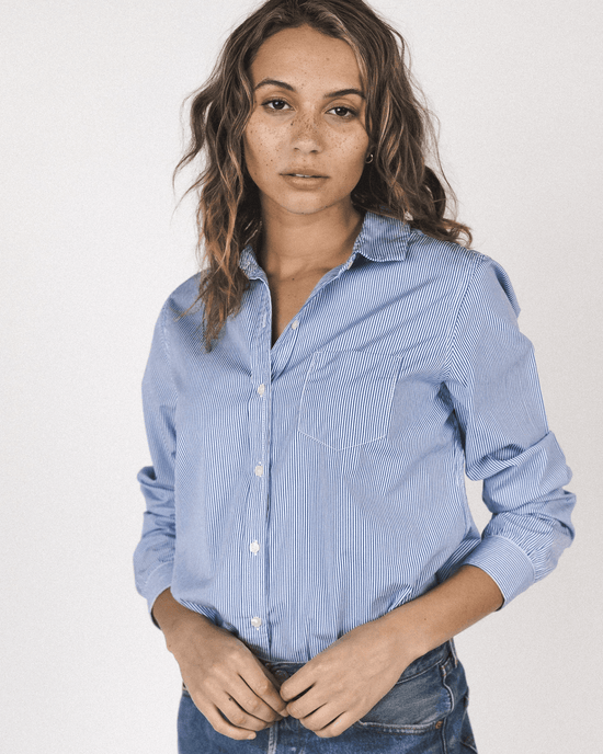 Trovata Birds of Paradis Clothing Grace Classic Shirt in Blue/White Stripe