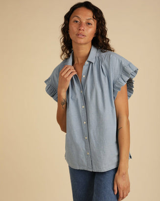 Trovata Birds of Paradis Clothing Marianne B Ruffle Sleeve Shirt in Chambray