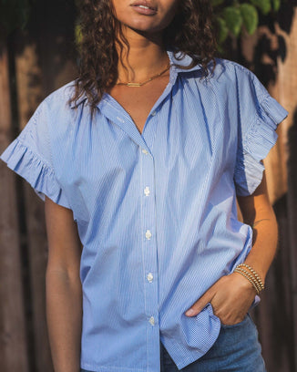 Trovata Birds of Paradis Clothing Marianne B Ruffle Slv Shirt in Blue/White Stripe