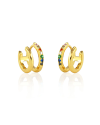 Double Huggie Hoop Earring 18K Gold with Rainbow Crystal