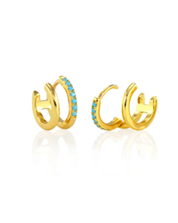 Double Huggie Hoop Earring 18K Gold with Turquoise Crystal