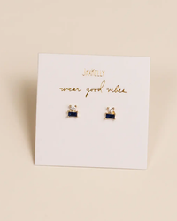 A pair of Sapphire Double Stack studs shaped like typewriters, displayed on a card with the text "JaxKelly wear good vibes".