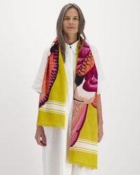 Woman standing against a white background wearing a white dress and an Inoui Editions Scarf 100 Toucan in Yellow.
