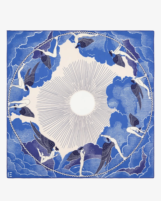 Sentence with replaced product: Illustrative cotton/silk blend scarf design featuring figures performing synchronized swimming around a central sun motif, set against a blue and white color scheme by Inoui Editions.